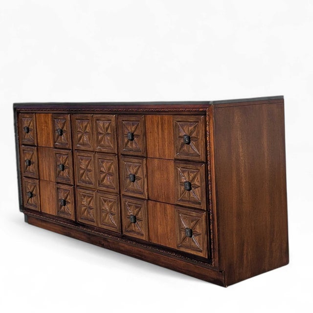 Mid-Century Modern 1970s Brutalist Lowboy Dresser With Sculptural Geometric Facade For Sale - Image 3 of 18