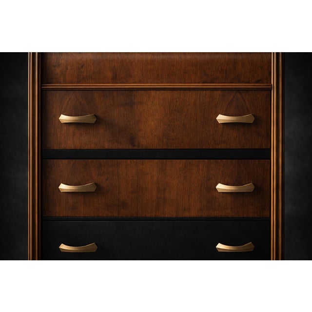 Early 20th Century Early 20th Century Art Deco Waterfall Designer Accent Chest in Satin Walnut With Two-Tone Black Panels and Original Deco Brass Pulls For Sale - Image 5 of 11