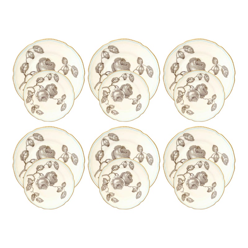 Vintage Rose Pattern Dessert Plates, Service For Six