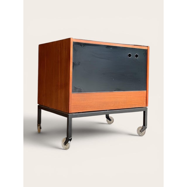 Mid-Century Minimalistic Teak Fold-Out Serving Bar Cart with Modern Black HPL Surfaces and Square Steel Frame, Germany, 1960s For Sale - Image 13 of 13