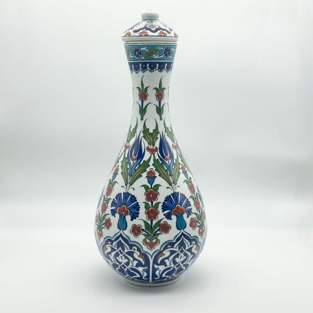 2020s Handmade Ceramic “Nightingale” Surahi Jar (30cm) – Lidded Blue Carnation & Tulip Art For Sale - Image 5 of 7