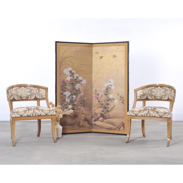 Exceptional 19th century Japanese two-panel late Edo Tokugawa\early Meiji period screen. The painting features clusters of...