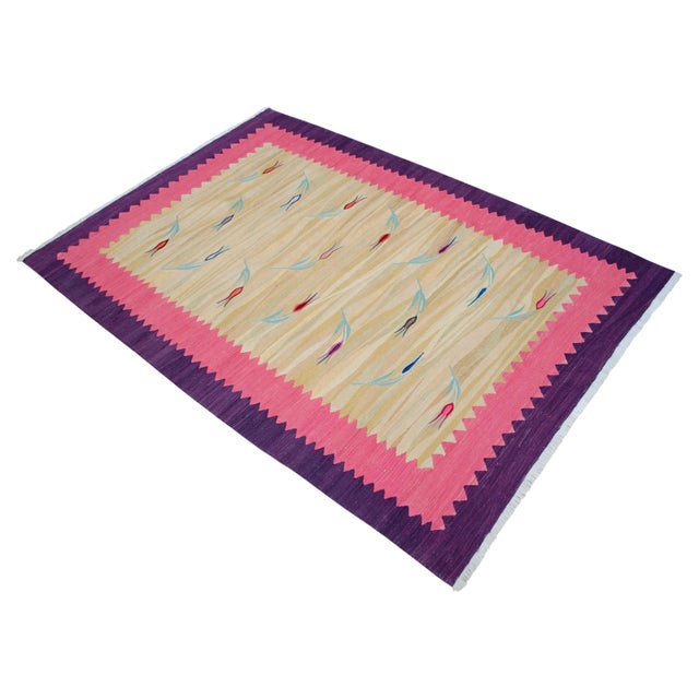 Textile Turkish Silk Rug Kilim Hand Woven Tulips Motif Oushak Area Rug - 3′11″ × 5′7″ For Sale - Image 7 of 17