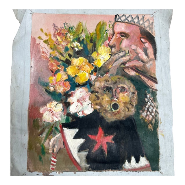 1950’s Abstract Expressionist Surrealist Figures & Flowers Painting on Canvas For Sale