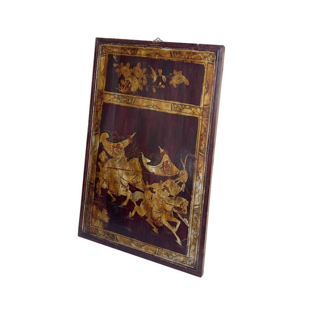 Vintage Chinese Wood Copper Color Warriors Scenery Wall Plaque Panel For Sale - Image 4 of 7
