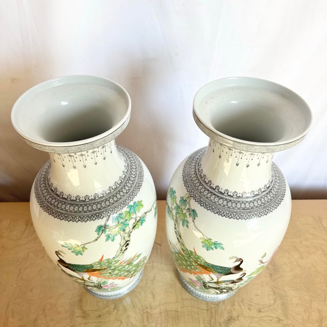 Vintage Chinese Hand Painted Porcelain Vases - A Pair For Sale In Miami - Image 6 of 9