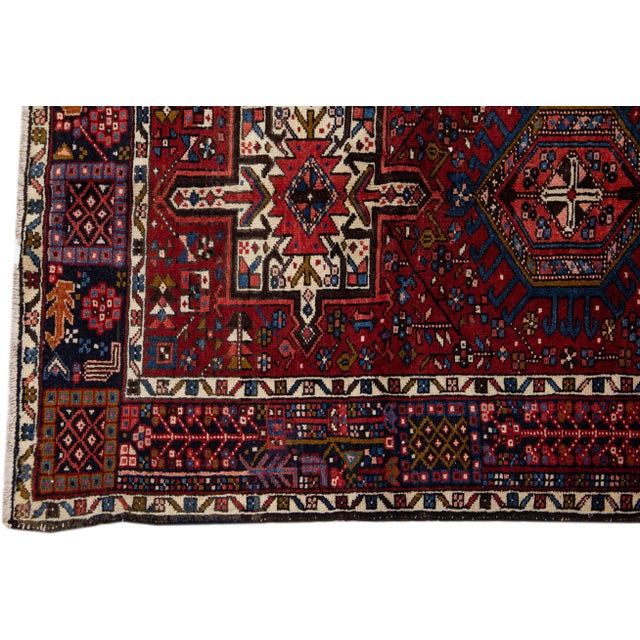 1960s Vintage Persian Heriz Handmade Navy Blue Medallion Wool Runner For Sale - Image 4 of 7