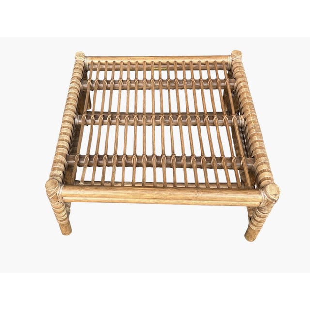 McGuire Coastal Organic Modern Rattan Ottoman With Black & Ivory Cushion For Sale - Image 9 of 13