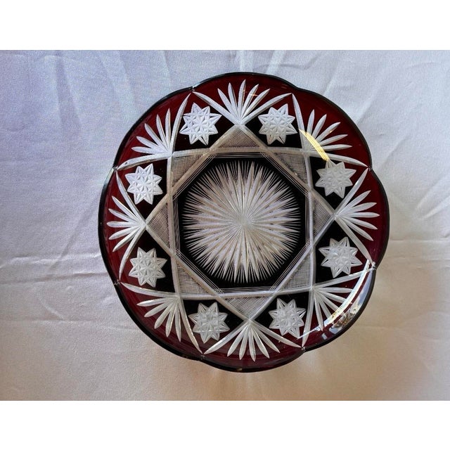 Antique Czech Bohemian Ruby Red Art Deco Hand Cut to Clear Crystal Plate Featuring Starburst Geometric Patterns , C. 1920 For Sale In Miami - Image 6 of 8
