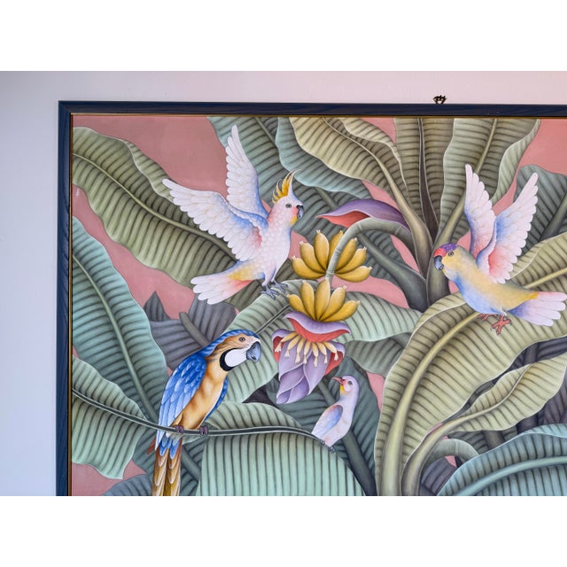 Green Oversize- Vintage Balinese Tropical Birds & Banana Leaf Acrylic Painting on Canvas For Sale - Image 8 of 14