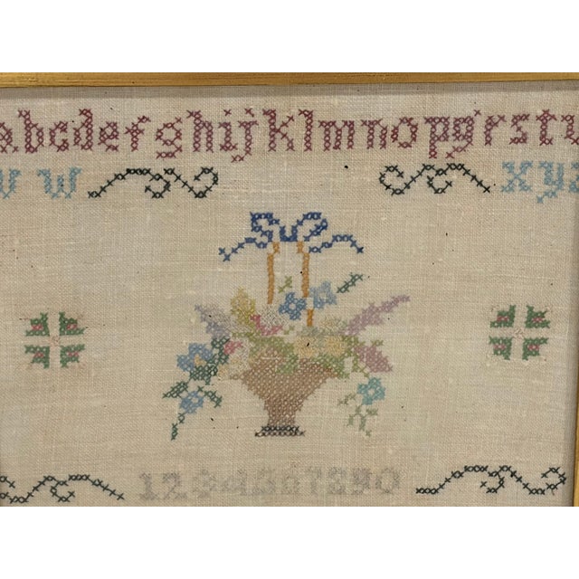 Folk Art Antique Mid-20th Century Finished Cross Stitch Alphabet Sampler Framed 14 X 12 For Sale - Image 3 of 8