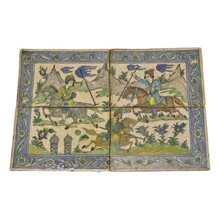 Antique Persian Iznik Qajar Style Ceramic Pottery Tile Mosaic Polo Players C7 For Sale