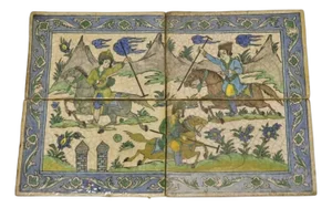 Antique Persian Iznik Qajar Style Ceramic Pottery Tile Mosaic Polo Players C7