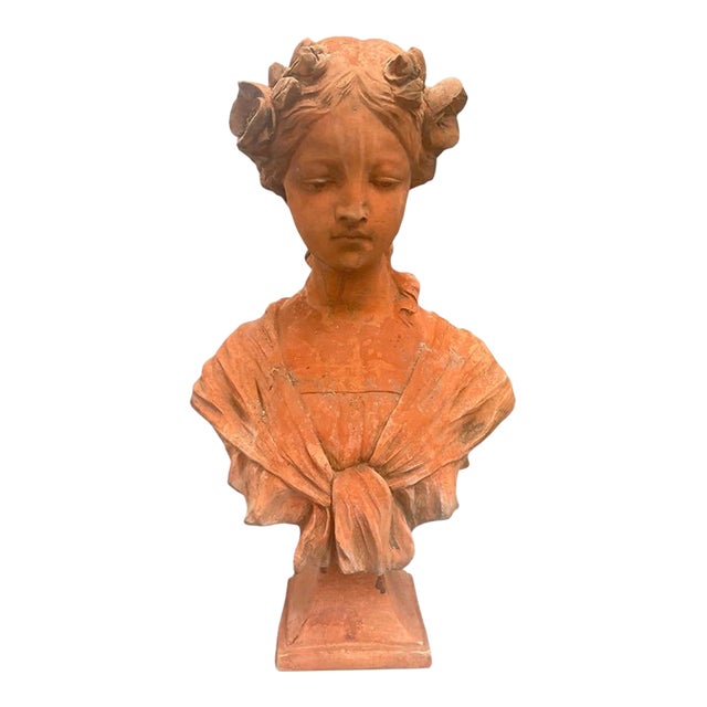 Vintage Terracotta Bust of a Young Woman With Floral Headdress For Sale