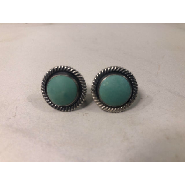 1940s 1940s Turquoise and Sterling Cabochon Earrings For Sale - Image 5 of 10
