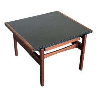 1960s Jens Risom Side Table - Leather + Walnut - Mid Century Modern End Table + Drawer For Sale
