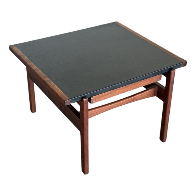1960s Jens Risom Side Table - Leather + Walnut - Mid Century Modern End Table + Drawer For Sale