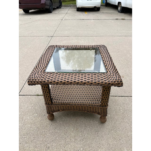 Tommy Bahama Tommy Bahama Wicker Glass Top Table For Sale - Image 4 of 5
