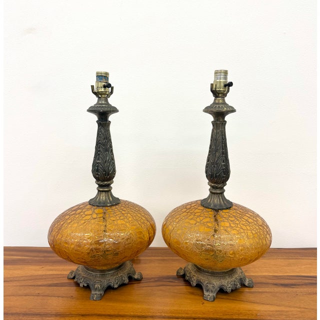 Mid 20th Century Vintage Crackle Glass Table Lamps - Pair For Sale - Image 5 of 6
