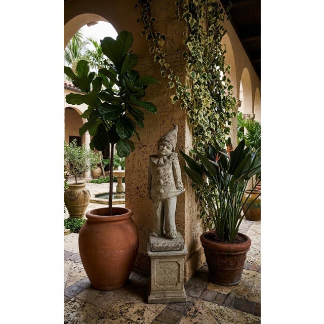 Vintage Cast Stone Pierrot Garden Statue on Pedestal For Sale - Image 10 of 12