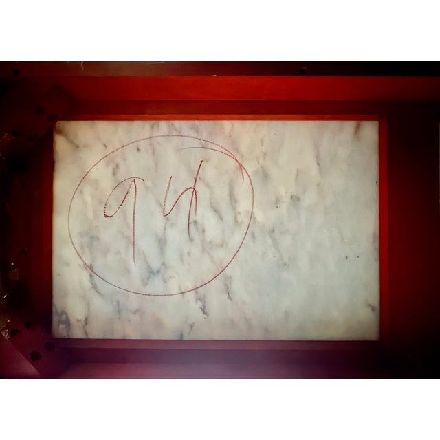 Vintage 1960s Gold Gilt Wood and Calacatta Marble Neoclassical Sled Coffee Table With Carved Fleur-De-Lis Design For Sale - Image 14 of 14