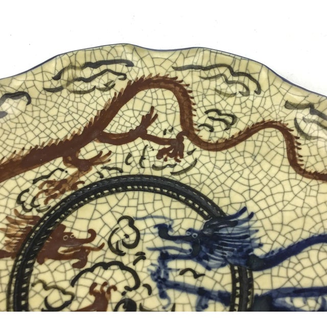 Khaki Rare Asian Crackle Finished Ceramic Clay Pottery Bowl Dragon Among Clouds For Sale - Image 8 of 10