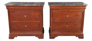A Pair of Stickley French Louis Philippe Style Cherry Marble Top Nightstands Bedside Table