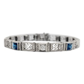 Antique Art Deco 14k White Gold Old European Cut Diamond Sapphire Link Bracelet For Sale