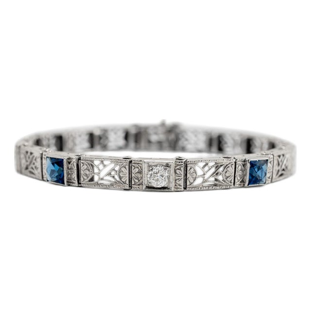 Antique Art Deco 14k White Gold Old European Cut Diamond Sapphire Link Bracelet For Sale