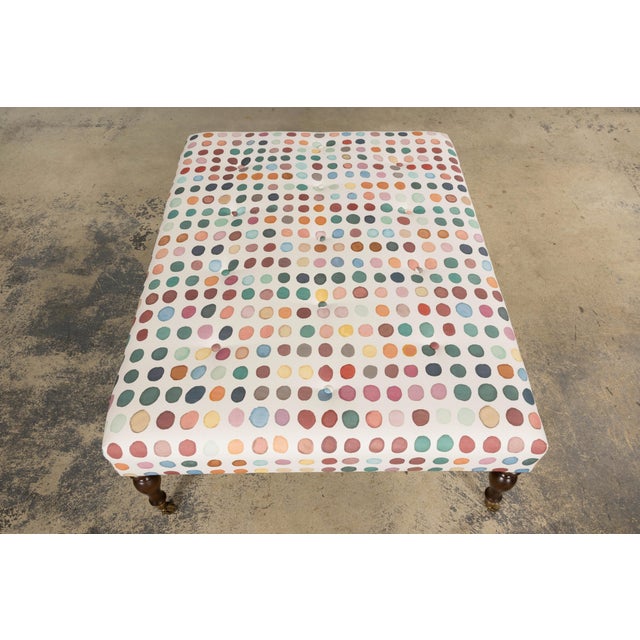 Vintage French Tufted Ottoman in Multicolor Linen Upholstery For Sale - Image 13 of 15