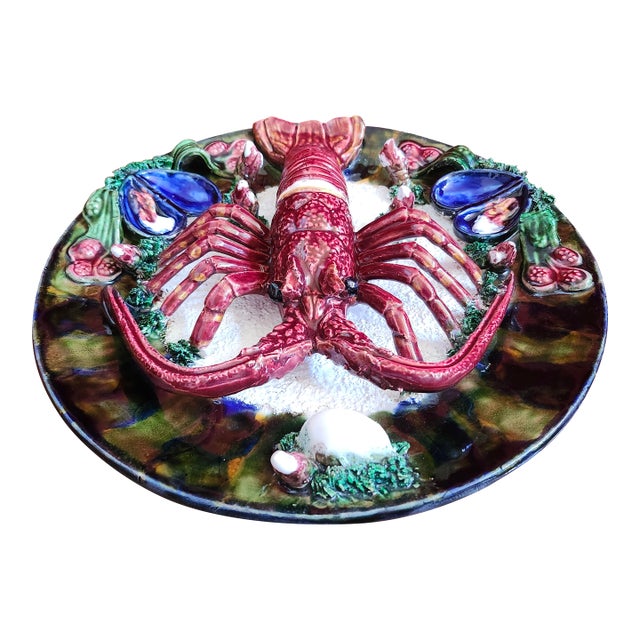 13" Salt Lobster Crustacean Portugese Majolica Trompe l'Oeil of Mid Century For Sale