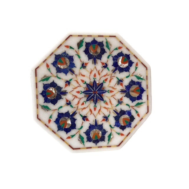 1970s White Marble Lidded Trinket Box With Blue Mosaic Inlay Design For Sale - Image 9 of 12