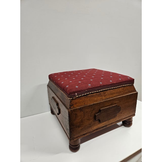 Victorian Square Victorian Burgundy Upholstered Footstool For Sale - Image 3 of 15