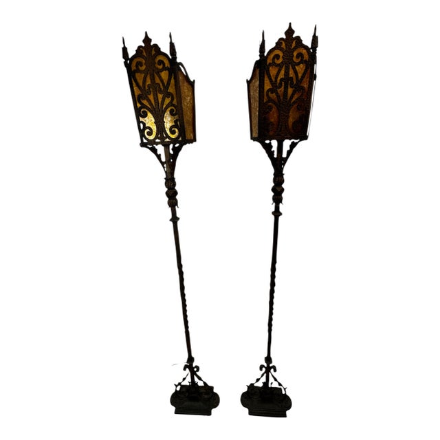 Pair of Vintage Iron Floor Lamps With Amber Mica Shades For Sale