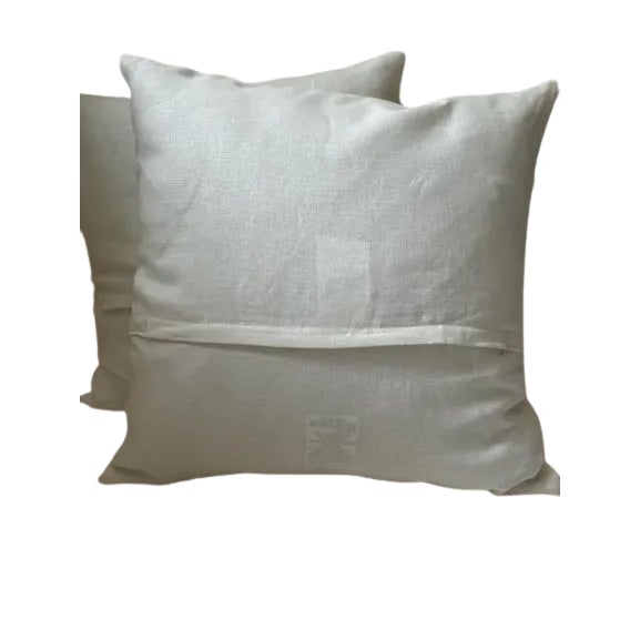 Pair of Coral and White Check Linen Pillows 20" x 20" Knife Edge Finish Plush Feather Down Fill Hidden Zipper in Back