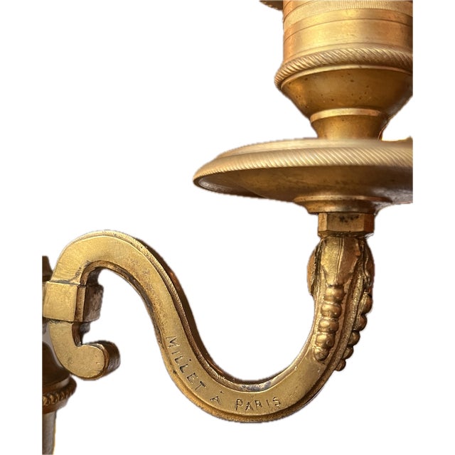 Maison Millet a Paris Bronze Bouillotte Late 19th Century With Three Candelabra Lamps Forest Green Shades - A Pair For Sale - Image 9 of 11