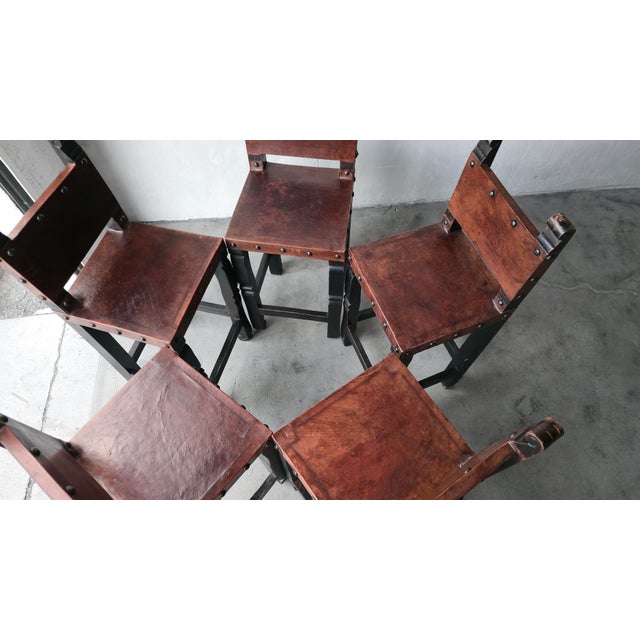 1970s Vintage Spanish Colonial Hacienda Style Leather Bar Stools - Set of 5 For Sale - Image 5 of 10