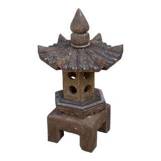 Chinese Gray Brown Hexagon Pagoda Top Stone Lamp Garden Lantern For Sale