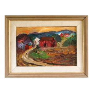 Mid-Century Modern 'Crimson Barns at Dusk' Vintage Original Landscape Oil Painting, Framed