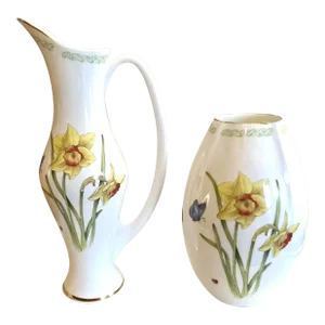 Vintage Irish Bone China Floral Water Pitcher & Vase - Set of 2