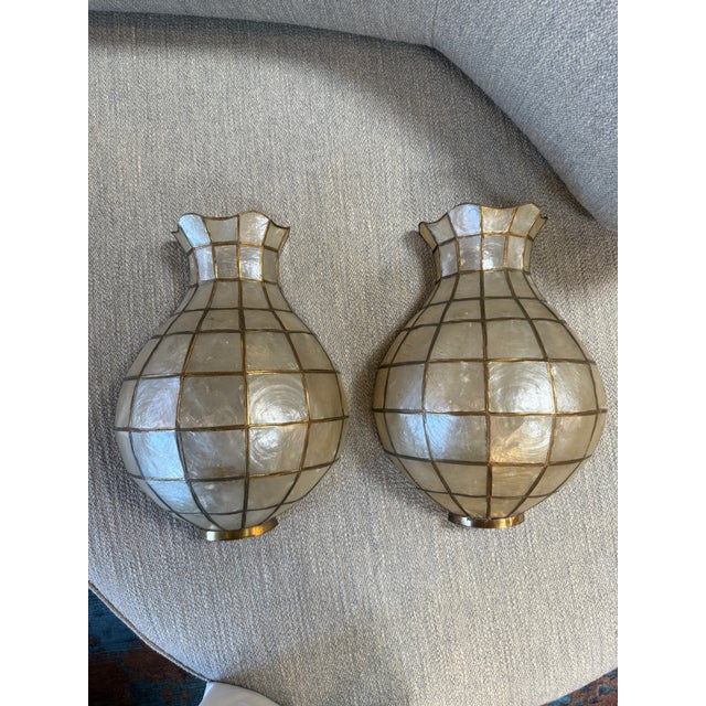 Shell Pair of Capiz Shell and Brass Wall Sconces Large, 1970s For Sale - Image 7 of 10