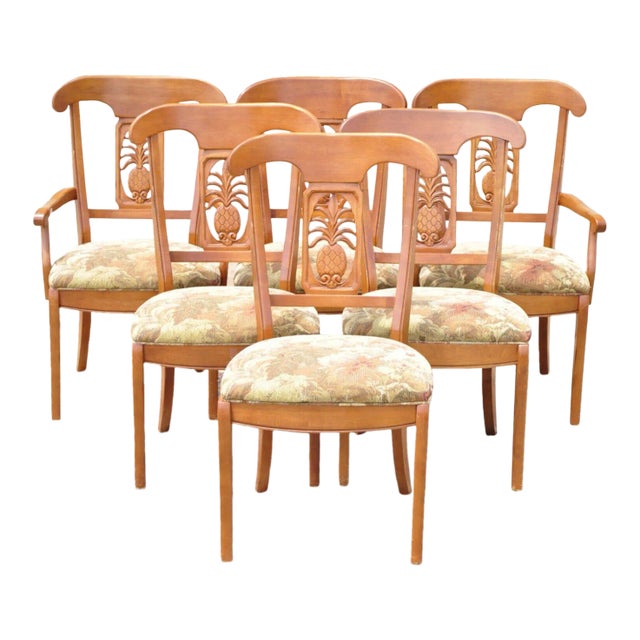 Ethan Allen Legacy Carved Pineapple Maple Wood Dining Chairs Set of 6