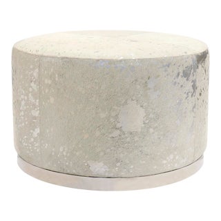 Pasargad Home Safari Cowhide Round Ottoman with Silver Steel Base For Sale