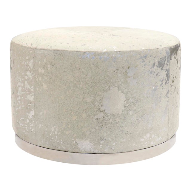 Pasargad Home Safari Cowhide Round Ottoman with Silver Steel Base For Sale