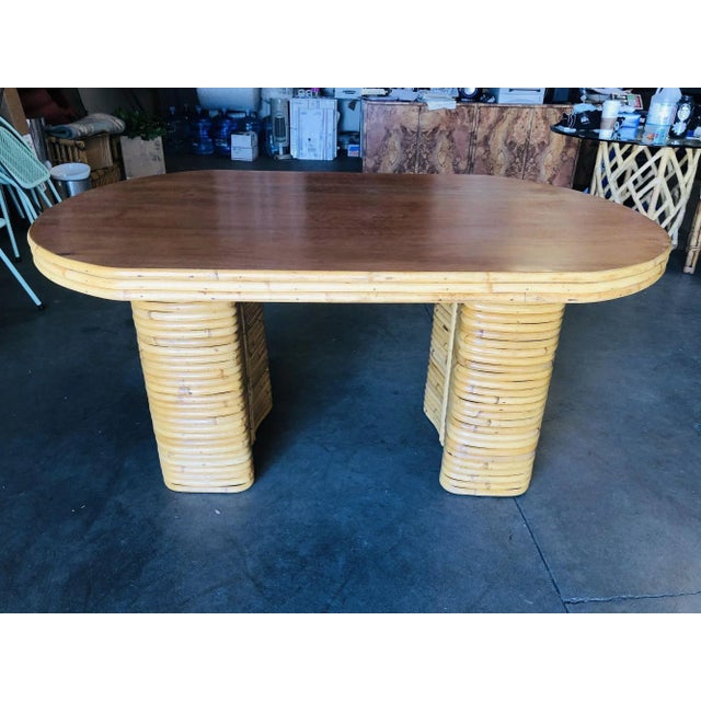 1950s Restored Oval Stacked Rattan Dining Table With Mahogany Top For Sale In Los Angeles - Image 6 of 11