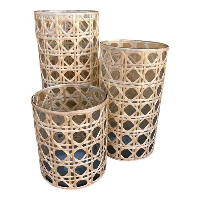Set of 3 Rattan Wrapped Cylinder Containers For Sale