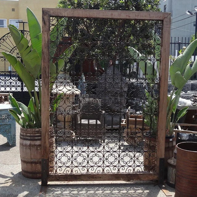 Vintage Large Wood Framed Open Iron Screen For Sale - Image 4 of 7