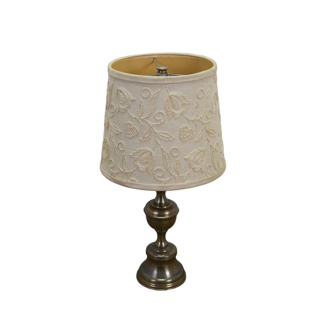 Vintage Brass Colonial Candlestick Crewel Shade Vanity Boudoir Lamp / Lantern. Dimensions: 4.5" x 13.5" / Shade - 10.25" x...