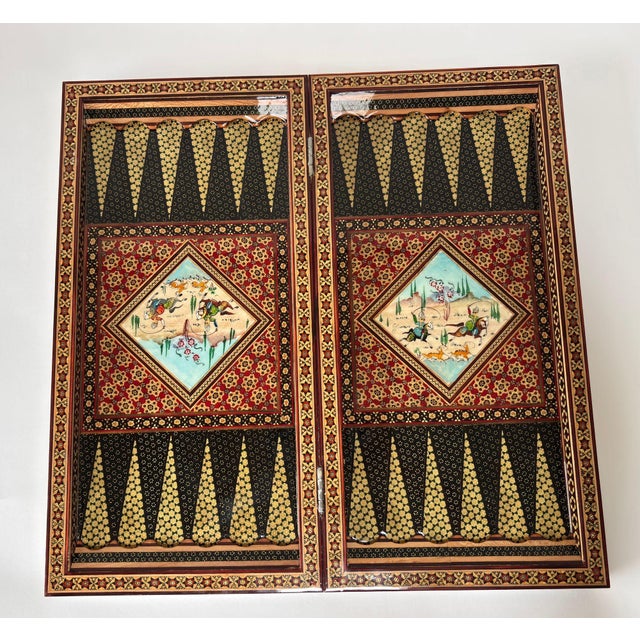 Persian Khatamkari Marquetry Backgammon & Chess Set, Handcrafted Inlaid Wood Board with with Checkers pieces. An exquisite...