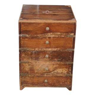 Antique English Campaign Anglo Indian Teak Brass Inlay Military Chest of Drawers For Sale